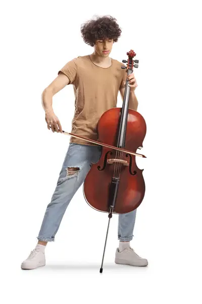 Cool Young Man Playing Cello Isolated White Background — Stock Photo, Image