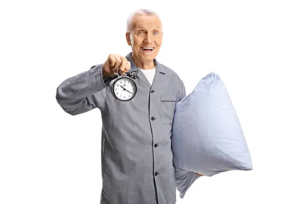 Пожилой Человек Пижаме Подушкой Будильником Белом Фоне — стоковое фото
