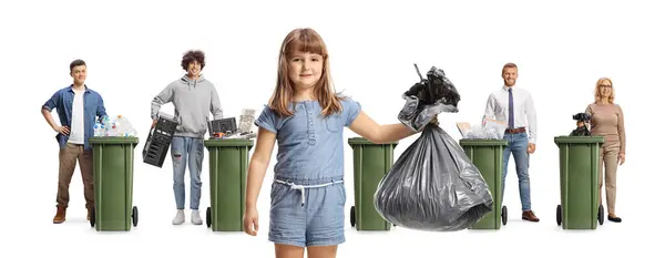 Little Girl Waste Bag People Standing Next Trash Cans Isolated — Stock Photo, Image