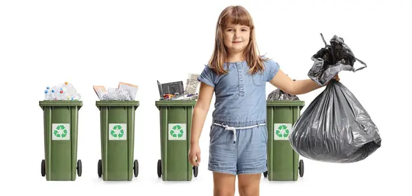 Little Girl Holding Plastic Bin Bag Front Trash Cans Recycling — Stock Photo, Image