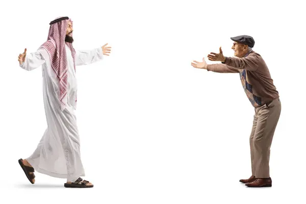 Full Length Profile Shot Saudi Arab Man Meeting Greeting Elderly — Stock Photo, Image