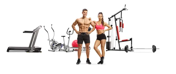 Mann Und Frau Mit Trainingsgeräten Isoliert Auf Weißem Hintergrund — Stockfoto