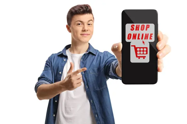 Junger Mann Zeigt Auf Eine Online Shopping Anwendung Auf Einem — Stockfoto