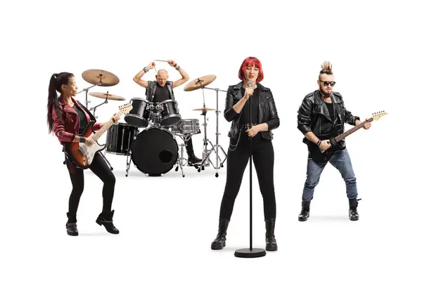 stock image Rock band performing with female singer isolated on white background