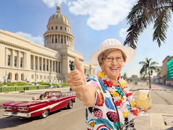 Cheerful Mature Tourist Holding Cocktail Making Thumb Gesture Havana Cuba — Stock Photo, Image