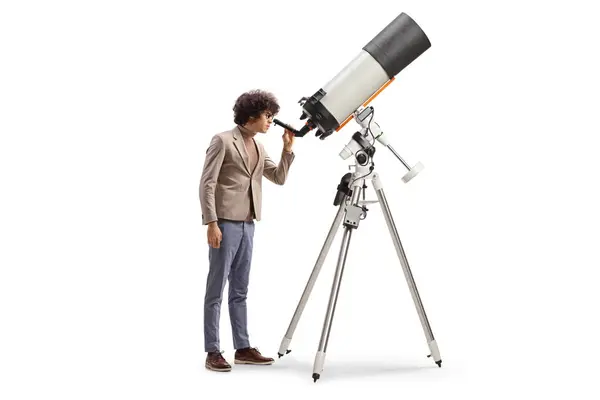 Young Man Observing Telescope Isolated White Background — Stock Photo, Image