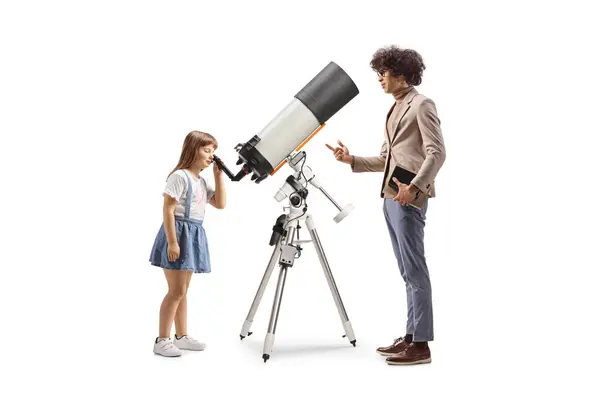 Homme Parlant Enfant Regardant Travers Télescope Isolé Sur Fond Blanc Images De Stock Libres De Droits