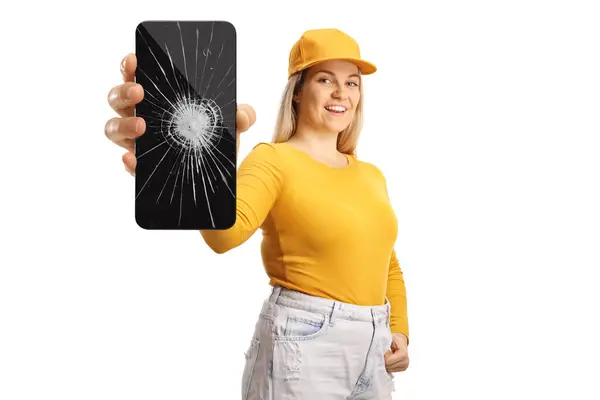 Жінка Підліток Тримає Смартфон Розбитим Склом Екрану Ізольовано Білому Тлі Стокова Картинка