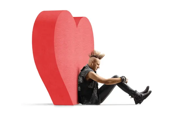 Punk Rocker Mohawk Sitting Ground Leaning Red Heart Isolated White — Stock Photo, Image