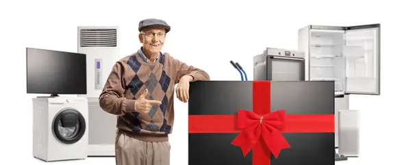 Senior Man Pointing Screen Shop Electric Appliances Isolated White Background Stockfoto