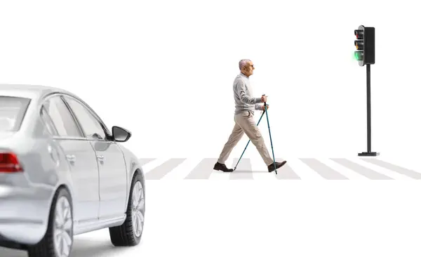 Car Waiting Elderly Man Walking Poles Pedestrian Crossing Isolated White lizenzfreie Stockbilder