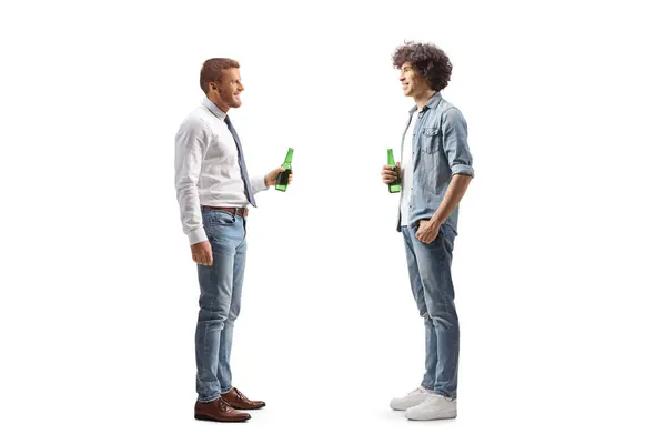 Full Length Profile Shot Young Man Curly Hair Holding Bottle Obraz Stockowy