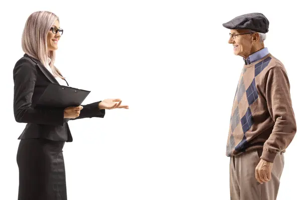 Businesswoman Standing Talking Elderly Man Isolated White Background Stockbild