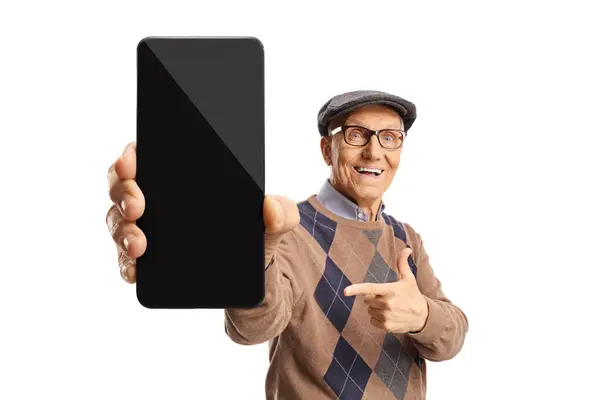 Elderly Man Holding Smartphone Pointing Screen Isolated White Background Stockbild