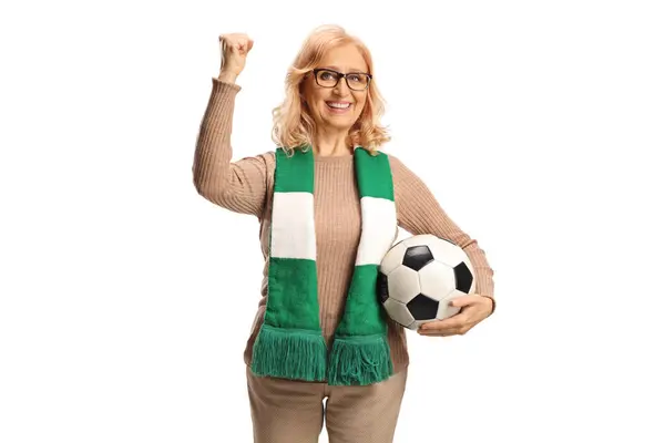 Middle Aged Woman Football Fun Holding Ball Gesturing Win Isolated Stockbild