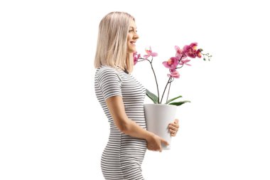 Beyaz arka planda izole edilmiş bir orkide saksısı tutan genç bir kadının tam boy profil fotoğrafı.
