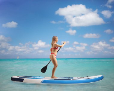 Bikini giymiş bir kadının denizdeki bir SUP panosunda kürek çekerken tam boy profil fotoğrafı.