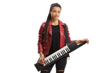 Young female musician in a leather jacket with a keytar music instrument isolated on white background clipart