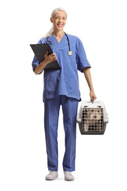 Mavi üniformalı bir kadın veteriner elinde köpekli bir taşıyıcı ve beyaz arka planda izole edilmiş bir dosya tutuyor.