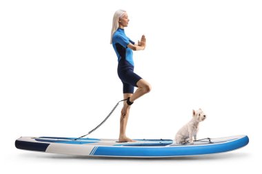 Dalış kıyafeti giymiş bir kadının beyaz arka planda izole edilmiş bir köpekle yoga yaparken tam boy profil fotoğrafı.