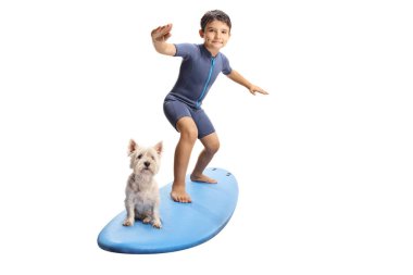 Beyaz arka planda izole edilmiş sörf tahtasında köpeği olan küçük bir çocuğun tam boy portresi.