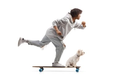 Beyaz arka planda izole edilmiş bir köpekle kaykay süren Afrikalı bir Amerikalının tam boy profil fotoğrafı.    