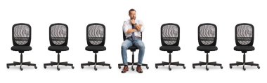 Worried professional man and many empty office chairs isolated on white background clipart