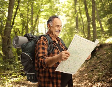 Sırt çantalı bir yürüyüşçü ormanda haritaya bakıyor.