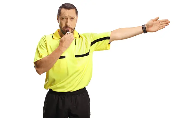 stock image Football referee blowing a whistle and pointing with hand isolated on white background