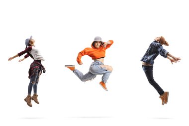 Young man and women dancing break dance isolated on white background