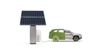 Bir şarj istasyonunda hibrit araba, güneş paneli ve sürdürülebilir enerji tüketimi kavramı beyaz arka planda izole edildi