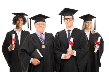 Group of graduate students with a mature man holding certificates isolated on white background clipart