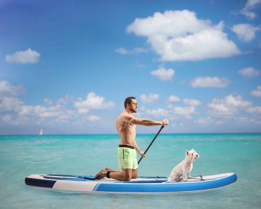 Denizde bir köpekle kürek çeken bir adam