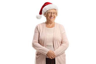 Smiling elderly woman with a snata claus hat isolated on white background clipart