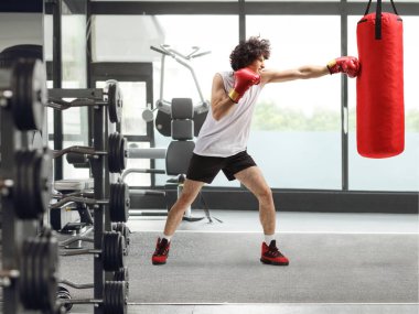 Spor salonunda boks torbası yumruklayan genç bir adam.