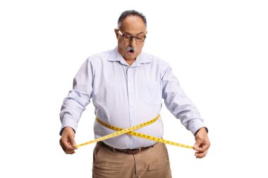 Elderly man measuring his big belly isolated on white background