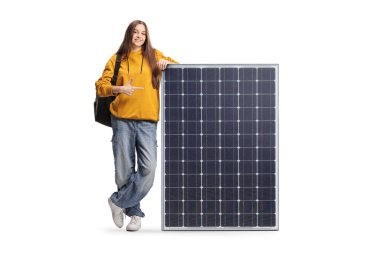 Female student pointing at a solar panel isolated on white background clipart