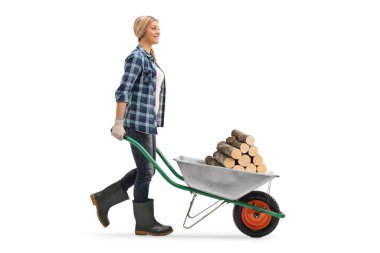 Beyaz arka planda izole edilmiş bir el arabasıyla odun sandıkları iten kadın işçi.