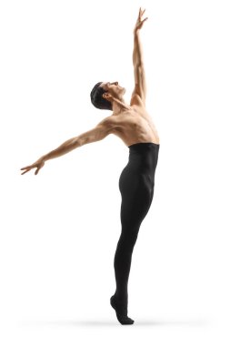 Siyah taytlı erkek balerin ve gri arka planda çıplak gövde dansı.