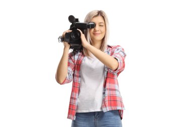 Beyaz arkaplanda izole edilmiş kameralı bir kadın kaydı