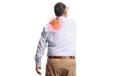 Rear view shot of an elderly man with pain in shoulder isolated on white background clipart