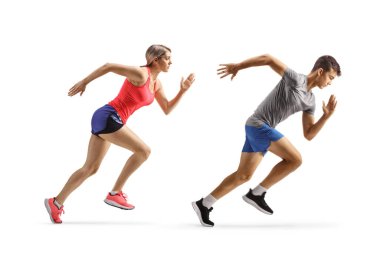 Full length profile shot of a fit young man and woman running fast isolated on white background