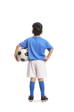 Beyaz arka planda izole edilmiş küçük bir futbolcunun arka plan görüntüsü