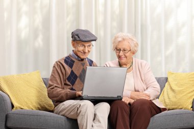 Kanepede oturan ve dizüstü bilgisayar kullanan yaşlı çift.