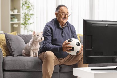 TV 'de futbol maçı izleyen bir adamla kanepede oturan tatlı Westie köpeği. 