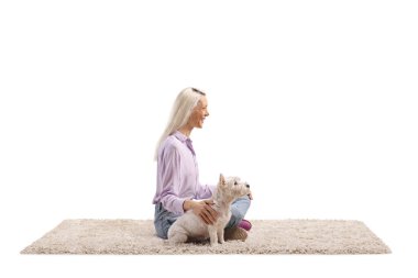 Beyaz arka planda izole edilmiş bir teriyer köpeğiyle halıda oturan kadın.