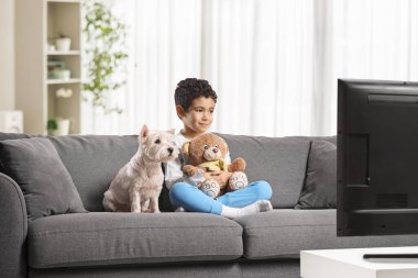 Kanepede oturan bir çocuk oyuncak ayı ve bir köpekle televizyon izliyor. 