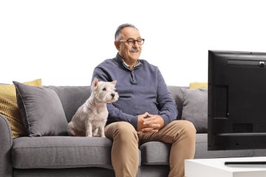 Kanepede köpeğiyle oturan ve beyaz arka planda izole bir şekilde televizyon izleyen olgun bir adam.