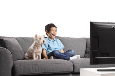 Çocuk ve köpek bir kanepede oturuyor ve beyaz arka planda izole edilmiş televizyon izliyorlar.