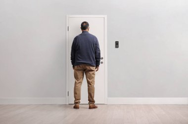 Kapının önünde bekleyen bir adamın dikiz görüntüsü.